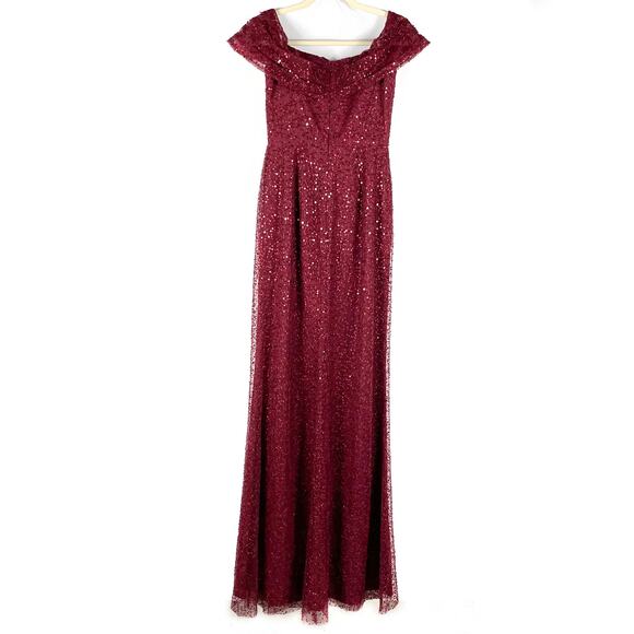 Teri Jon Burgundy Gown Sequin Beaded Tulle Off the Shoulder Dress Sz 2‎ Women's - Picture 8 of 9